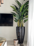 San Jose Fluted Planter in Glossy Black with Birds of Paradise