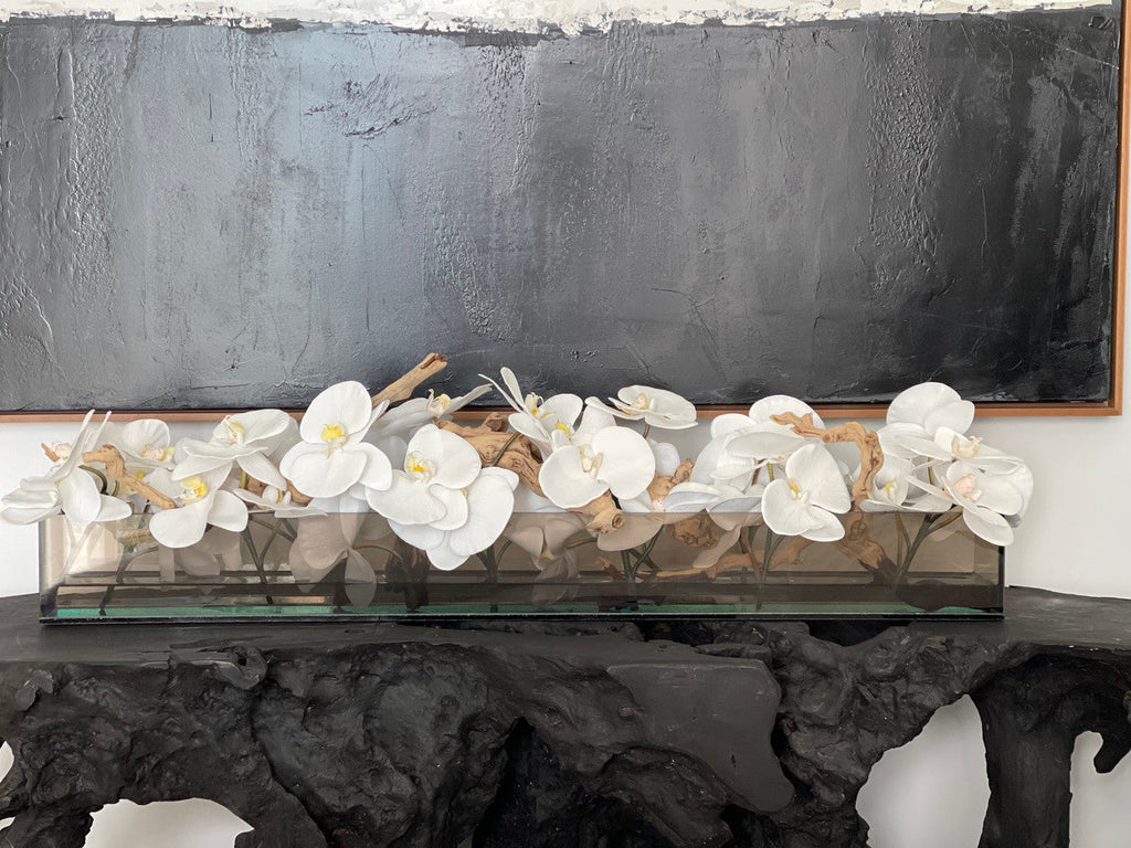 48″ Casa Moderna Black Tinted Glass Plate Planter with white Phalaenopsis orchids