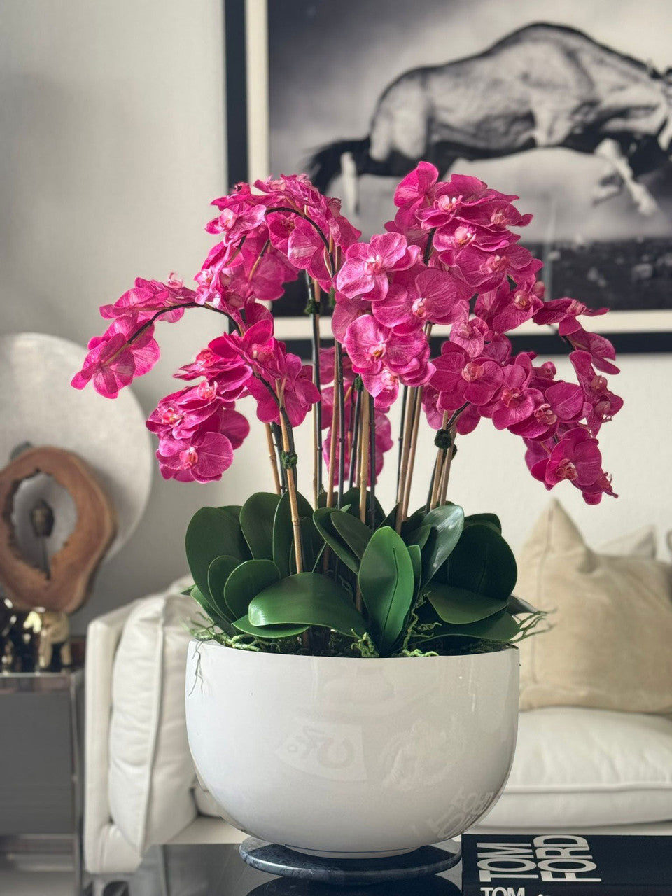 Pink Fucsia Orchids In Glossy White Fiberglass Bowl