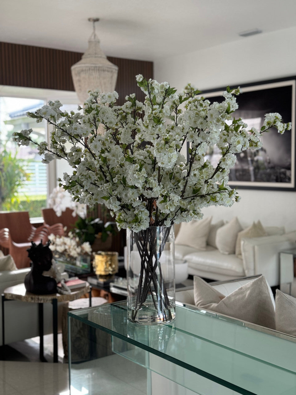 White Cherry Blossoms In 16″ Glass Cylinder